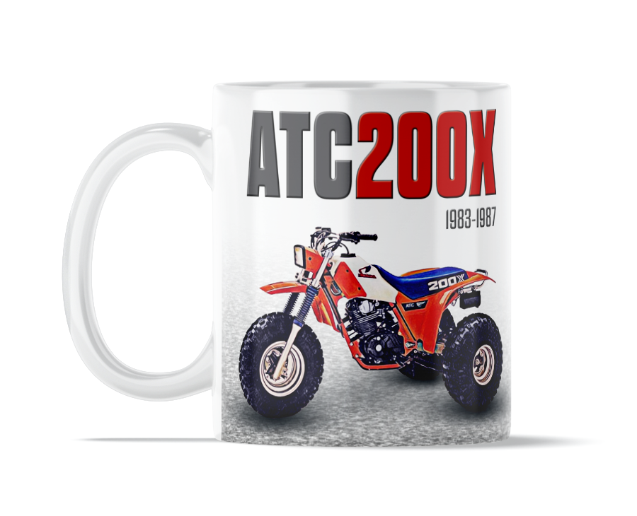 Honda ATC 200X 11 ounce coffee mug by Flippin’ Mud, available on Vintage-ATV.store, Vintage-ATV.com and FlippinMud.com