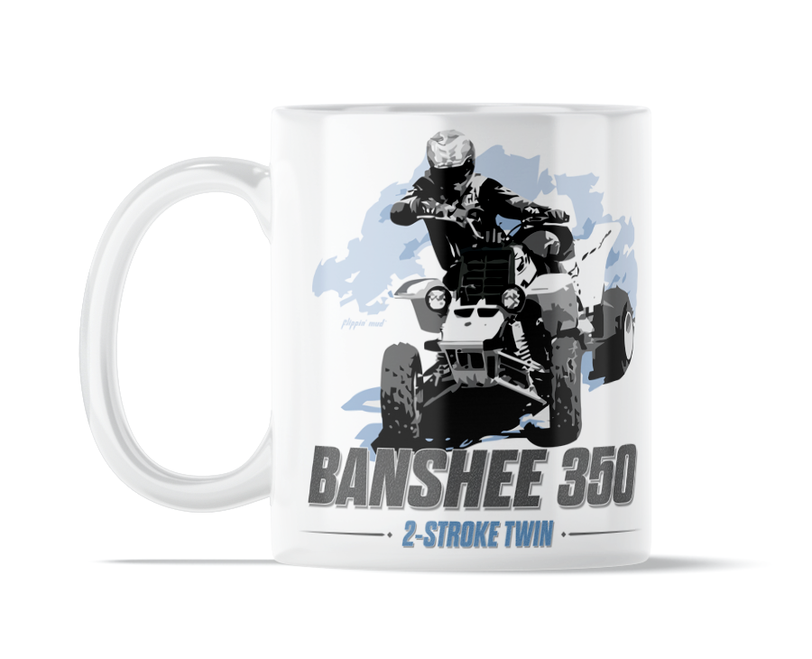 Yamaha Banshee 350 Twin 11 ounce coffee mug by Flippin’ Mud, available on Vintage-ATV.store, Vintage-ATV.com and FlippinMud.com