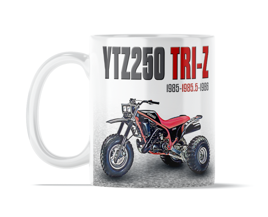 Yamaha 1985.5 Tri-Z 250 11 ounce coffee mug by Flippin’ Mud, available on Vintage-ATV.store, Vintage-ATV.com and FlippinMud.com