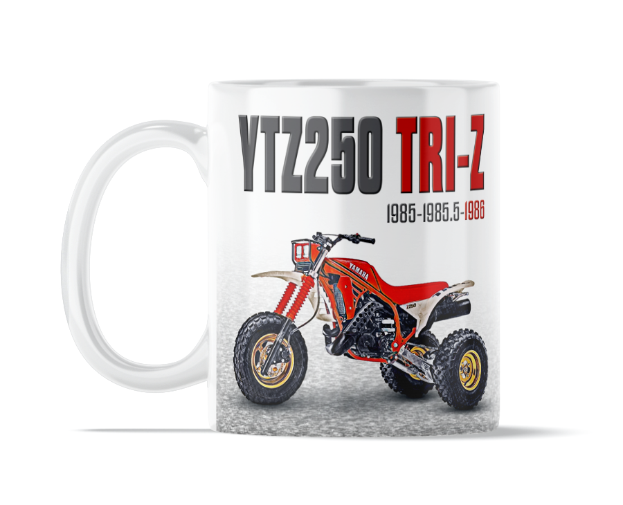 Yamaha 1986 Tri-Z 250 11 ounce coffee mug by Flippin’ Mud, available on Vintage-ATV.store, Vintage-ATV.com and FlippinMud.com