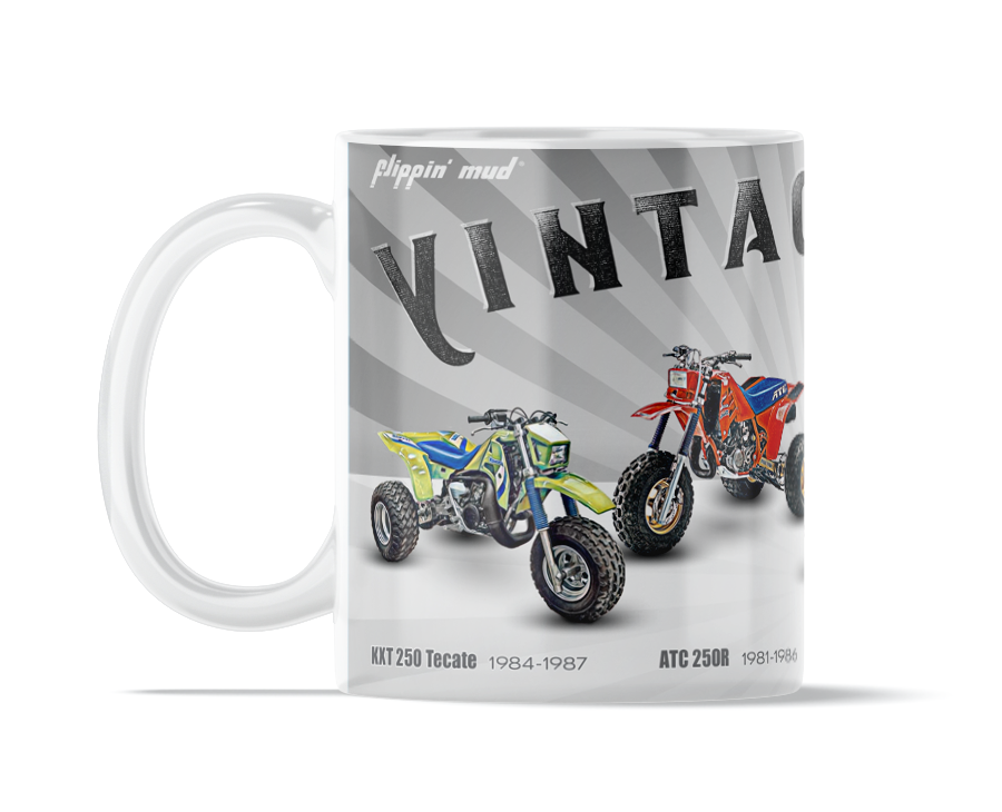 The Big 4 Vintage ATVs 11oz Mug by Flippin' Mud featuring the Tecate 250, ATC 250R, QuadRacer 250 and the TRI-Z 250