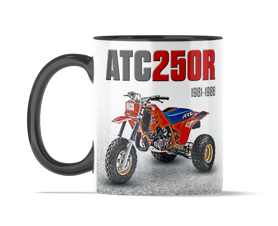 Honda ATC 250R 11 ounce coffee mug by Flippin’ Mud, available on Vintage-ATV.store, Vintage-ATV.com and FlippinMud.com