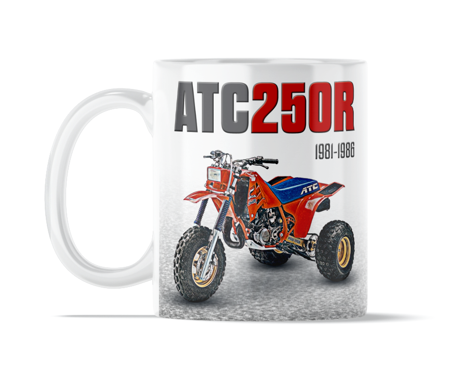 Honda ATC 250R 11 ounce coffee mug by Flippin’ Mud, available on Vintage-ATV.store, Vintage-ATV.com and FlippinMud.com