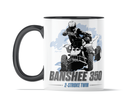 Yamaha Banshee 350 Twin 11 ounce coffee mug by Flippin’ Mud, available on Vintage-ATV.store, Vintage-ATV.com and FlippinMud.com