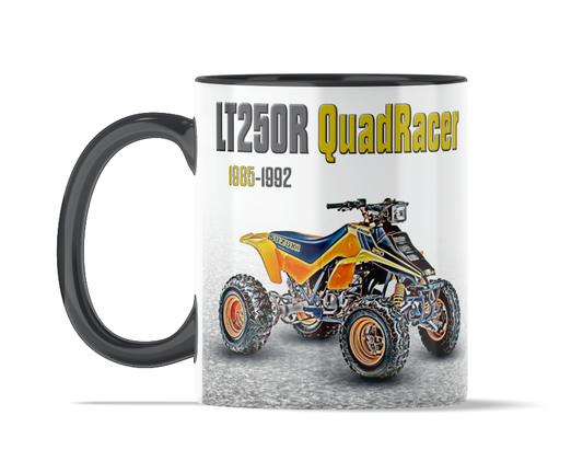 Suzuki QuadRacer 250 11 ounce coffee mug by Flippin’ Mud, available on Vintage-ATV.store, Vintage-ATV.com and FlippinMud.com