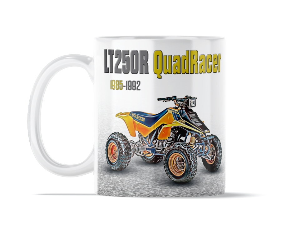 Suzuki QuadRacer 250 11 ounce coffee mug by Flippin’ Mud, available on Vintage-ATV.store, Vintage-ATV.com and FlippinMud.com