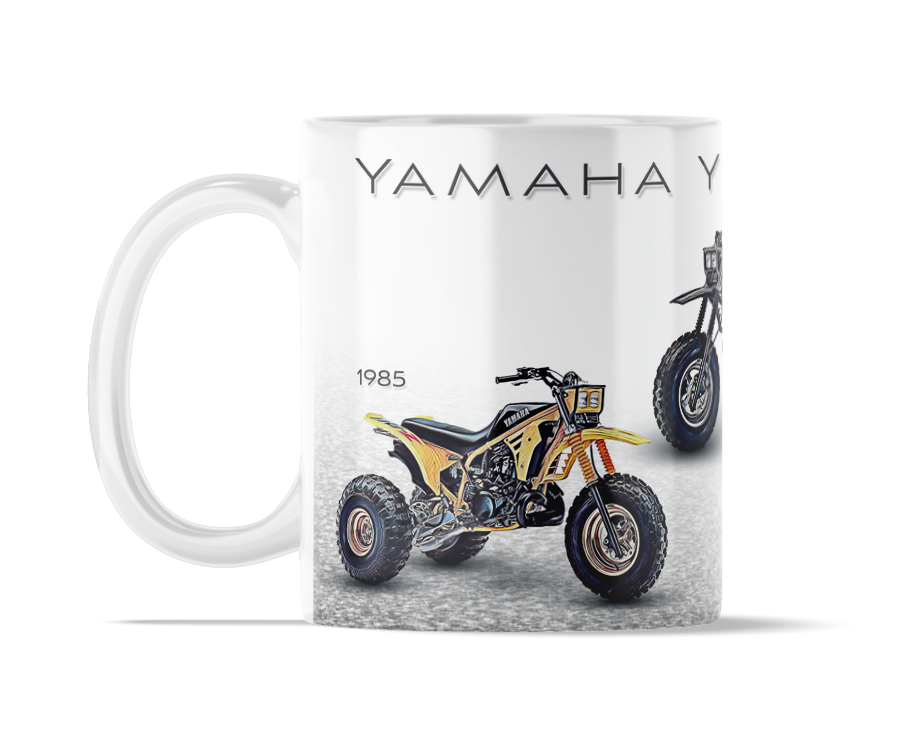 Yamaha Tri-Z 250 ’All Years’ 11 ounce coffee mug by Flippin’ Mud, available on Vintage-ATV.store, Vintage-ATV.com and FlippinMud.com