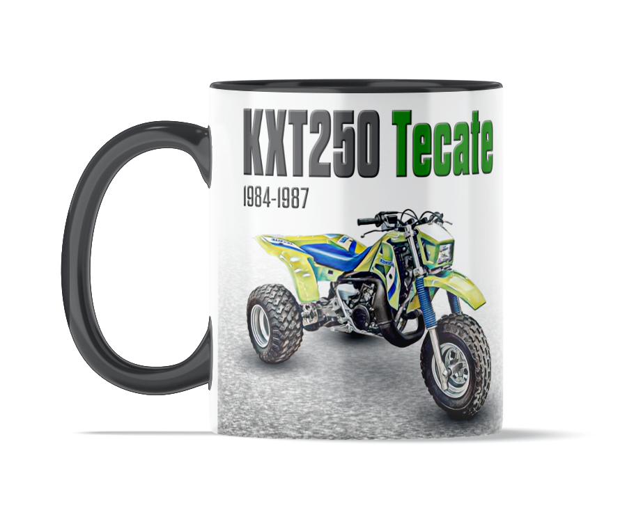 Kawasaki Tecate 250 11 ounce coffee mug by Flippin’ Mud, available on Vintage-ATV.store, Vintage-ATV.com and FlippinMud.com