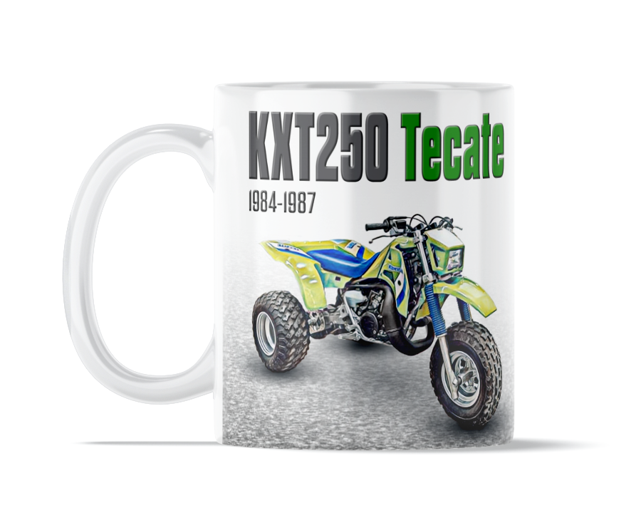 Kawasaki Tecate 250 11 ounce coffee mug by Flippin’ Mud, available on Vintage-ATV.store, Vintage-ATV.com and FlippinMud.com