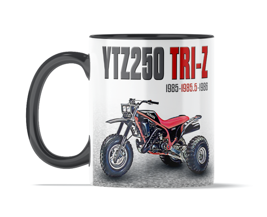 Yamaha 1985.5 Tri-Z 250 11 ounce coffee mug by Flippin’ Mud, available on Vintage-ATV.store, Vintage-ATV.com and FlippinMud.com