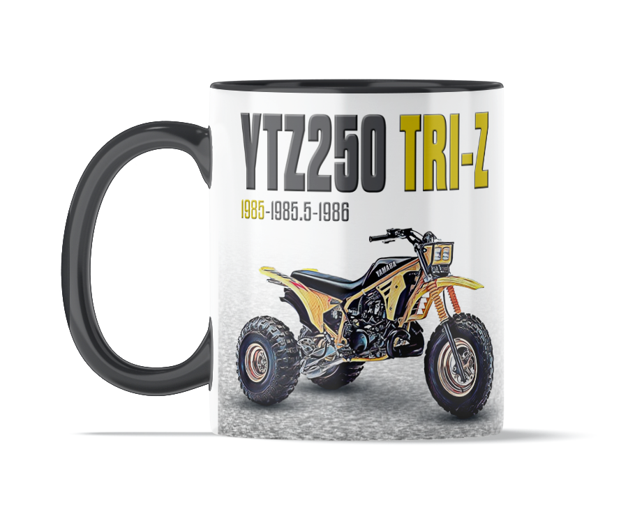 Yamaha 1985 Tri-Z 250 11 ounce coffee mug by Flippin’ Mud, available on Vintage-ATV.store, Vintage-ATV.com and FlippinMud.com