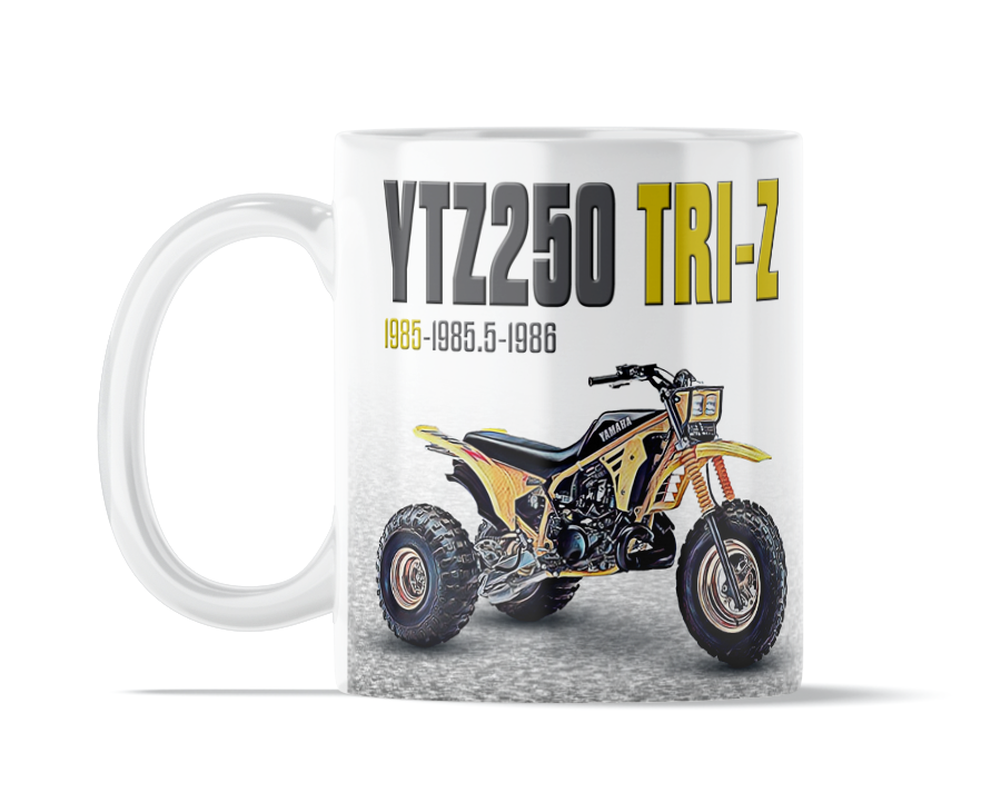 Yamaha 1985 Tri-Z 250 11 ounce coffee mug by Flippin’ Mud, available on Vintage-ATV.store, Vintage-ATV.com and FlippinMud.com