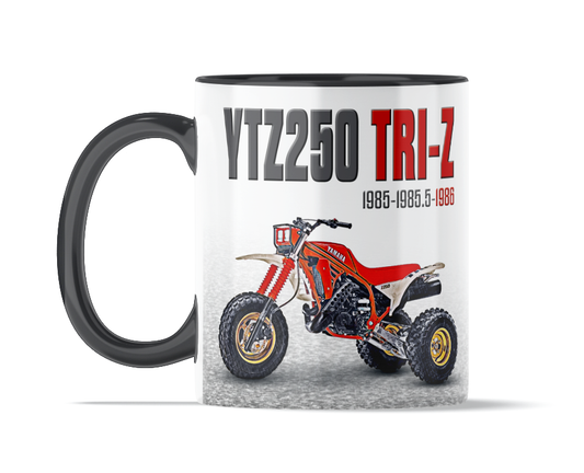 Yamaha 1986 Tri-Z 250 11 ounce coffee mug by Flippin’ Mud, available on Vintage-ATV.store, Vintage-ATV.com and FlippinMud.com