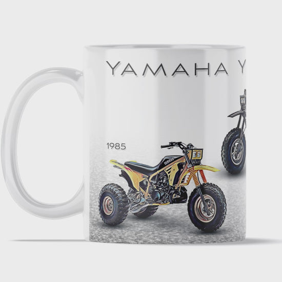 Yamaha Tri-Z 250 ’All Years’ 11 ounce coffee mug by Flippin’ Mud, available on Vintage-ATV.store, Vintage-ATV.com and FlippinMud.com