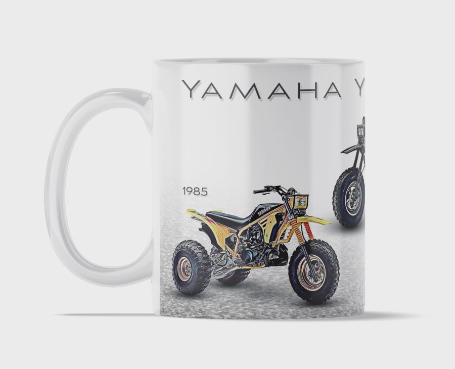Yamaha Tri-Z 250 ’All Years’ 11 ounce coffee mug by Flippin’ Mud, available on Vintage-ATV.store, Vintage-ATV.com and FlippinMud.com