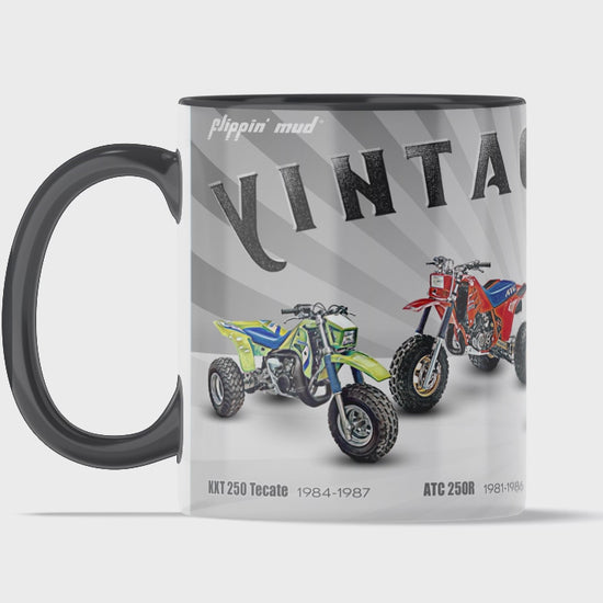 The Big 4 Vintage ATVs 11oz Mug by Flippin' Mud featuring the Tecate 250, ATC 250R, QuadRacer 250 and the TRI-Z 250