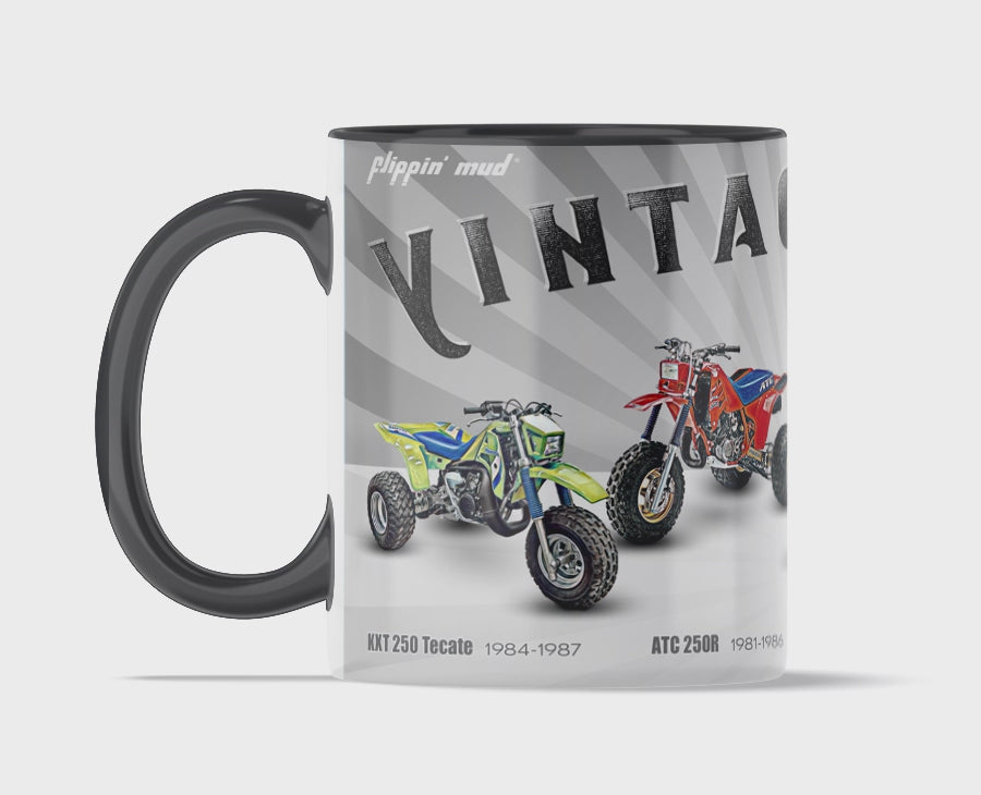 The Big 4 Vintage ATVs 11oz Mug by Flippin' Mud featuring the Tecate 250, ATC 250R, QuadRacer 250 and the TRI-Z 250