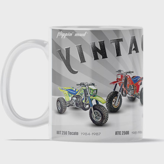 The Big 4 Vintage ATVs 11oz Mug by Flippin' Mud featuring the Tecate 250, ATC 250R, QuadRacer 250 and the TRI-Z 250