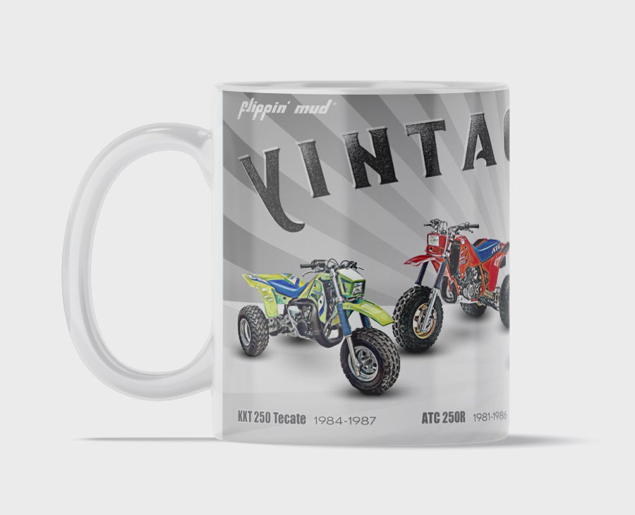 The Big 4 Vintage ATVs 11oz Mug by Flippin' Mud featuring the Tecate 250, ATC 250R, QuadRacer 250 and the TRI-Z 250