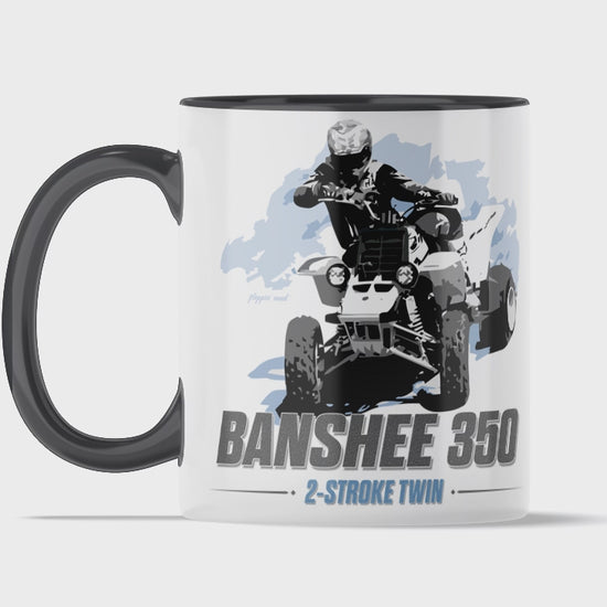 Yamaha Banshee 350 Twin 11 ounce coffee mug by Flippin’ Mud, available on Vintage-ATV.store, Vintage-ATV.com and FlippinMud.com