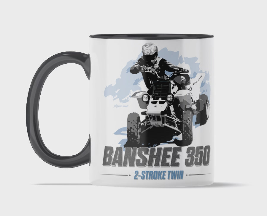 Yamaha Banshee 350 Twin 11 ounce coffee mug by Flippin’ Mud, available on Vintage-ATV.store, Vintage-ATV.com and FlippinMud.com