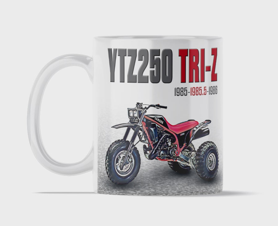Yamaha 1985.5 Tri-Z 250 11 ounce coffee mug by Flippin’ Mud, available on Vintage-ATV.store, Vintage-ATV.com and FlippinMud.com