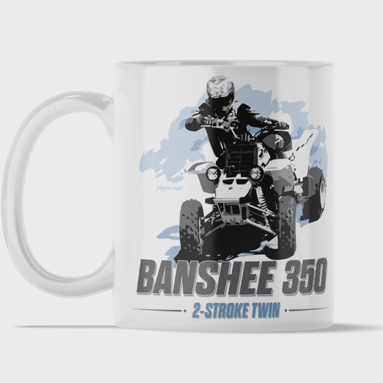 Yamaha Banshee 350 Twin 11 ounce coffee mug by Flippin’ Mud, available on Vintage-ATV.store, Vintage-ATV.com and FlippinMud.com