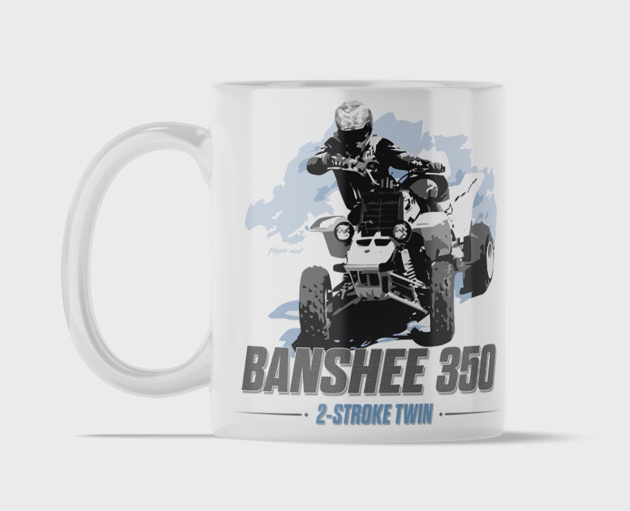 Yamaha Banshee 350 Twin 11 ounce coffee mug by Flippin’ Mud, available on Vintage-ATV.store, Vintage-ATV.com and FlippinMud.com