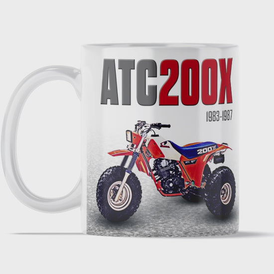 Honda ATC 200X 11 ounce coffee mug by Flippin’ Mud, available on Vintage-ATV.store, Vintage-ATV.com and FlippinMud.com