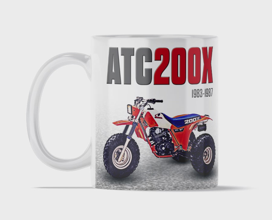Honda ATC 200X 11 ounce coffee mug by Flippin’ Mud, available on Vintage-ATV.store, Vintage-ATV.com and FlippinMud.com