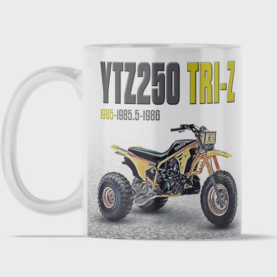 Yamaha 1985 Tri-Z 250 11 ounce coffee mug by Flippin’ Mud, available on Vintage-ATV.store, Vintage-ATV.com and FlippinMud.com