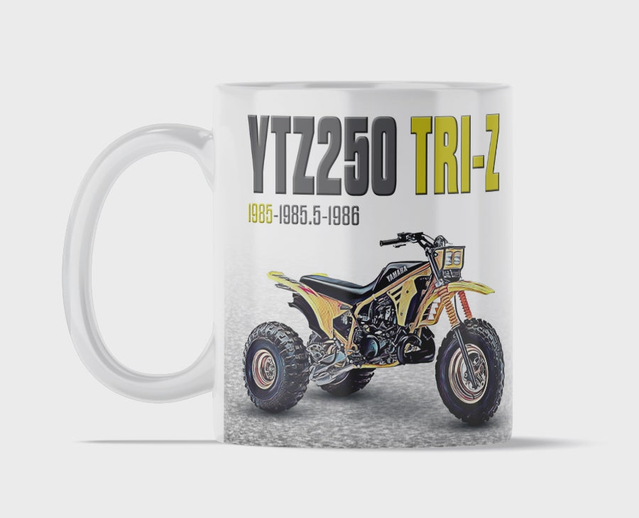 Yamaha 1985 Tri-Z 250 11 ounce coffee mug by Flippin’ Mud, available on Vintage-ATV.store, Vintage-ATV.com and FlippinMud.com