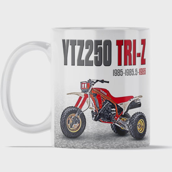Yamaha 1986 Tri-Z 250 11 ounce coffee mug by Flippin’ Mud, available on Vintage-ATV.store, Vintage-ATV.com and FlippinMud.com