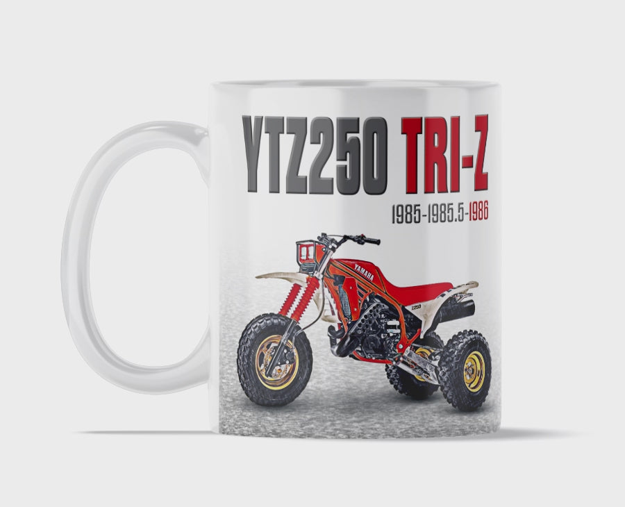 Yamaha 1986 Tri-Z 250 11 ounce coffee mug by Flippin’ Mud, available on Vintage-ATV.store, Vintage-ATV.com and FlippinMud.com