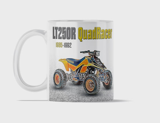 Suzuki QuadRacer 250 11 ounce coffee mug by Flippin’ Mud, available on Vintage-ATV.store, Vintage-ATV.com and FlippinMud.com
