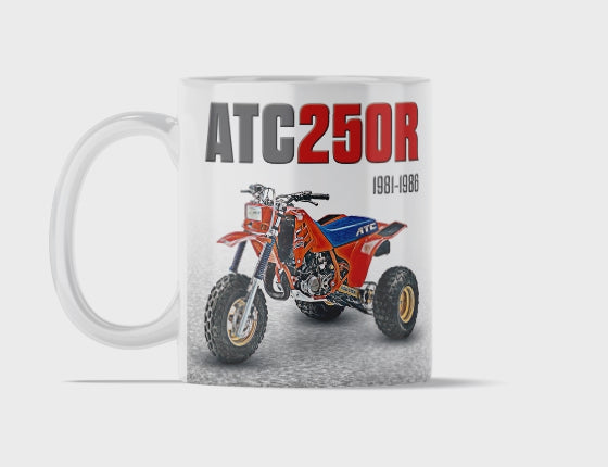 Honda ATC 250R 11 ounce coffee mug by Flippin’ Mud, available on Vintage-ATV.store, Vintage-ATV.com and FlippinMud.com