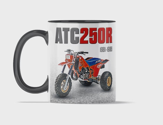 Honda ATC 250R 11 ounce coffee mug by Flippin’ Mud, available on Vintage-ATV.store, Vintage-ATV.com and FlippinMud.com