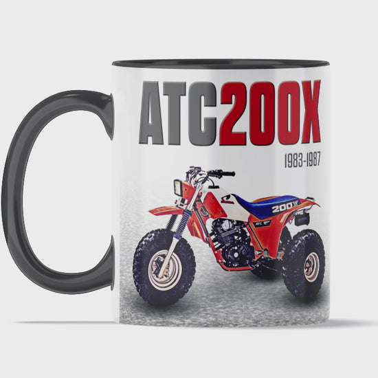 Honda ATC 200X 11 ounce coffee mug by Flippin’ Mud, available on Vintage-ATV.store, Vintage-ATV.com and FlippinMud.com