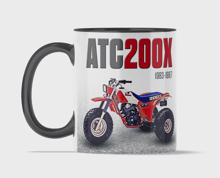 Honda ATC 200X 11 ounce coffee mug by Flippin’ Mud, available on Vintage-ATV.store, Vintage-ATV.com and FlippinMud.com