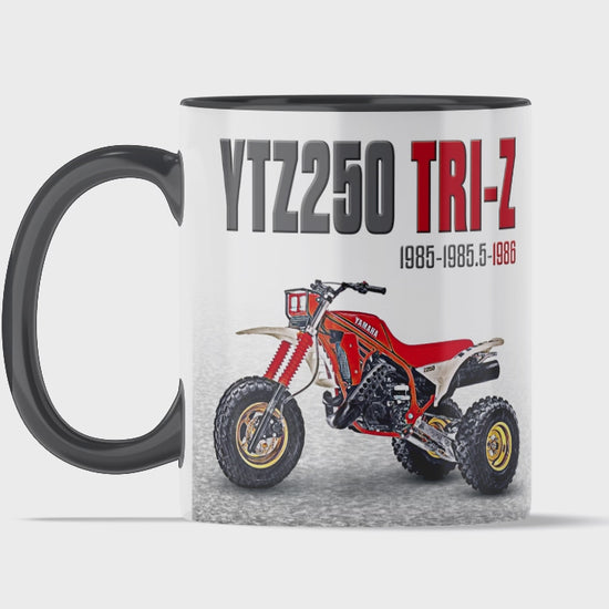 Yamaha 1986 Tri-Z 250 11 ounce coffee mug by Flippin’ Mud, available on Vintage-ATV.store, Vintage-ATV.com and FlippinMud.com