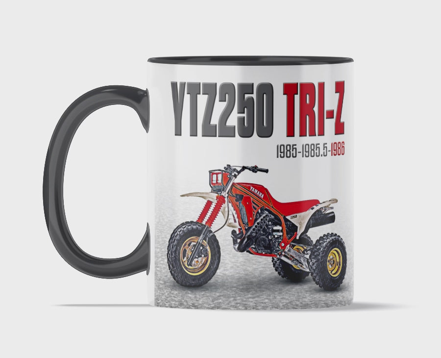 Yamaha 1986 Tri-Z 250 11 ounce coffee mug by Flippin’ Mud, available on Vintage-ATV.store, Vintage-ATV.com and FlippinMud.com