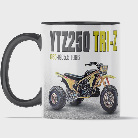 Yamaha 1985 Tri-Z 250 11 ounce coffee mug by Flippin’ Mud, available on Vintage-ATV.store, Vintage-ATV.com and FlippinMud.com