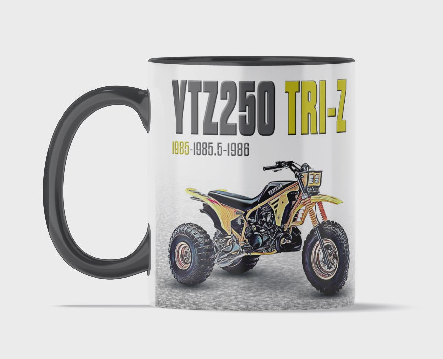 Yamaha 1985 Tri-Z 250 11 ounce coffee mug by Flippin’ Mud, available on Vintage-ATV.store, Vintage-ATV.com and FlippinMud.com