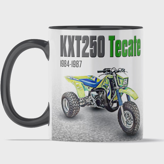 Kawasaki Tecate 250 11 ounce coffee mug by Flippin’ Mud, available on Vintage-ATV.store, Vintage-ATV.com and FlippinMud.com