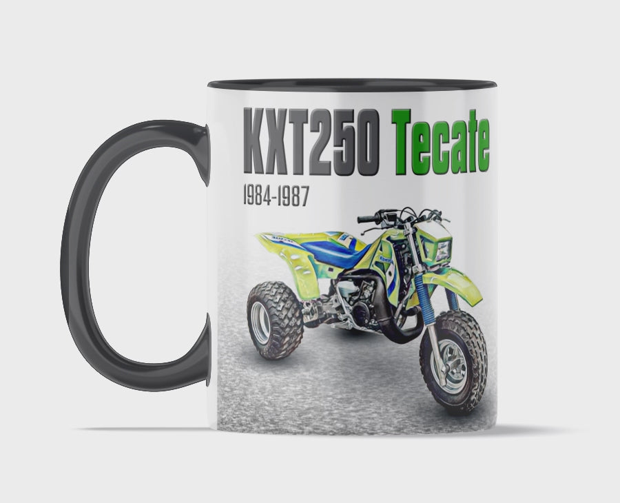 Kawasaki Tecate 250 11 ounce coffee mug by Flippin’ Mud, available on Vintage-ATV.store, Vintage-ATV.com and FlippinMud.com