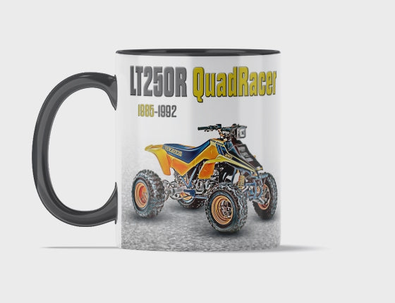 Suzuki QuadRacer 250 11 ounce coffee mug by Flippin’ Mud, available on Vintage-ATV.store, Vintage-ATV.com and FlippinMud.com
