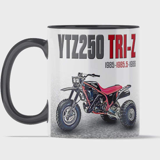 Yamaha 1985.5 Tri-Z 250 11 ounce coffee mug by Flippin’ Mud, available on Vintage-ATV.store, Vintage-ATV.com and FlippinMud.com