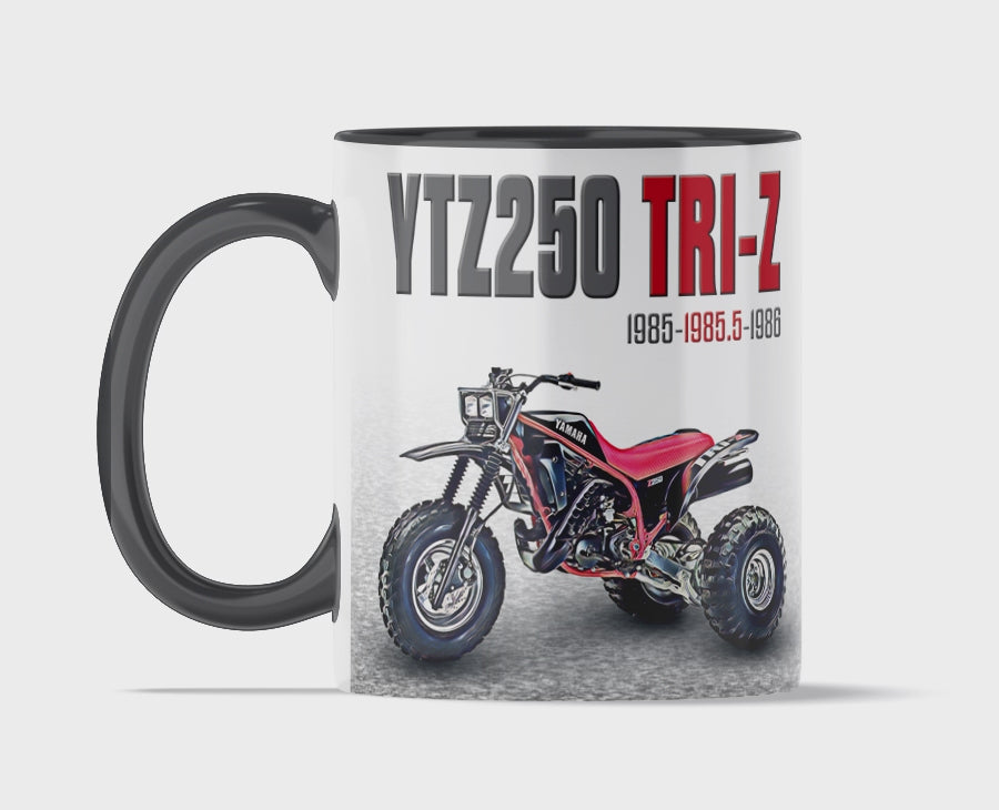 Yamaha 1985.5 Tri-Z 250 11 ounce coffee mug by Flippin’ Mud, available on Vintage-ATV.store, Vintage-ATV.com and FlippinMud.com