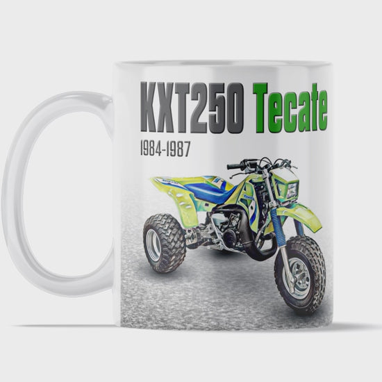 Kawasaki Tecate 250 11 ounce coffee mug by Flippin’ Mud, available on Vintage-ATV.store, Vintage-ATV.com and FlippinMud.com