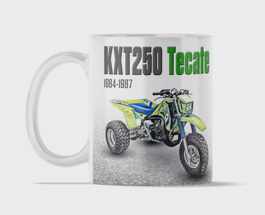 Kawasaki Tecate 250 11 ounce coffee mug by Flippin’ Mud, available on Vintage-ATV.store, Vintage-ATV.com and FlippinMud.com